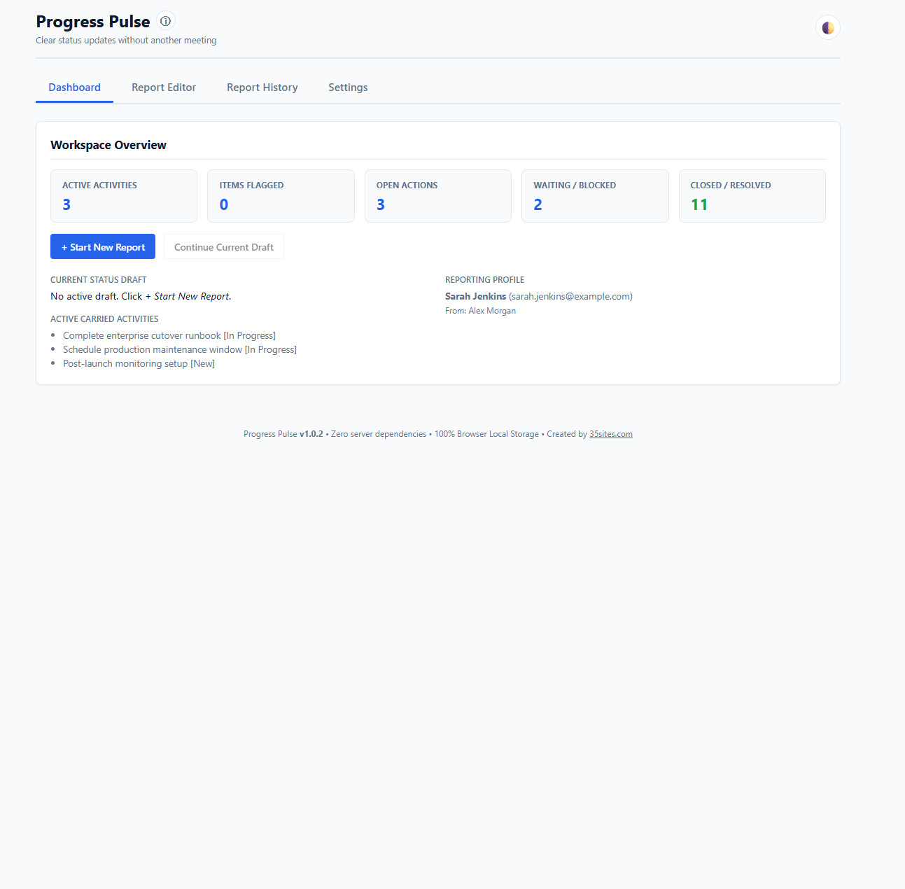 Progress Pulse dashboard showing current report status, metric cards, and open items