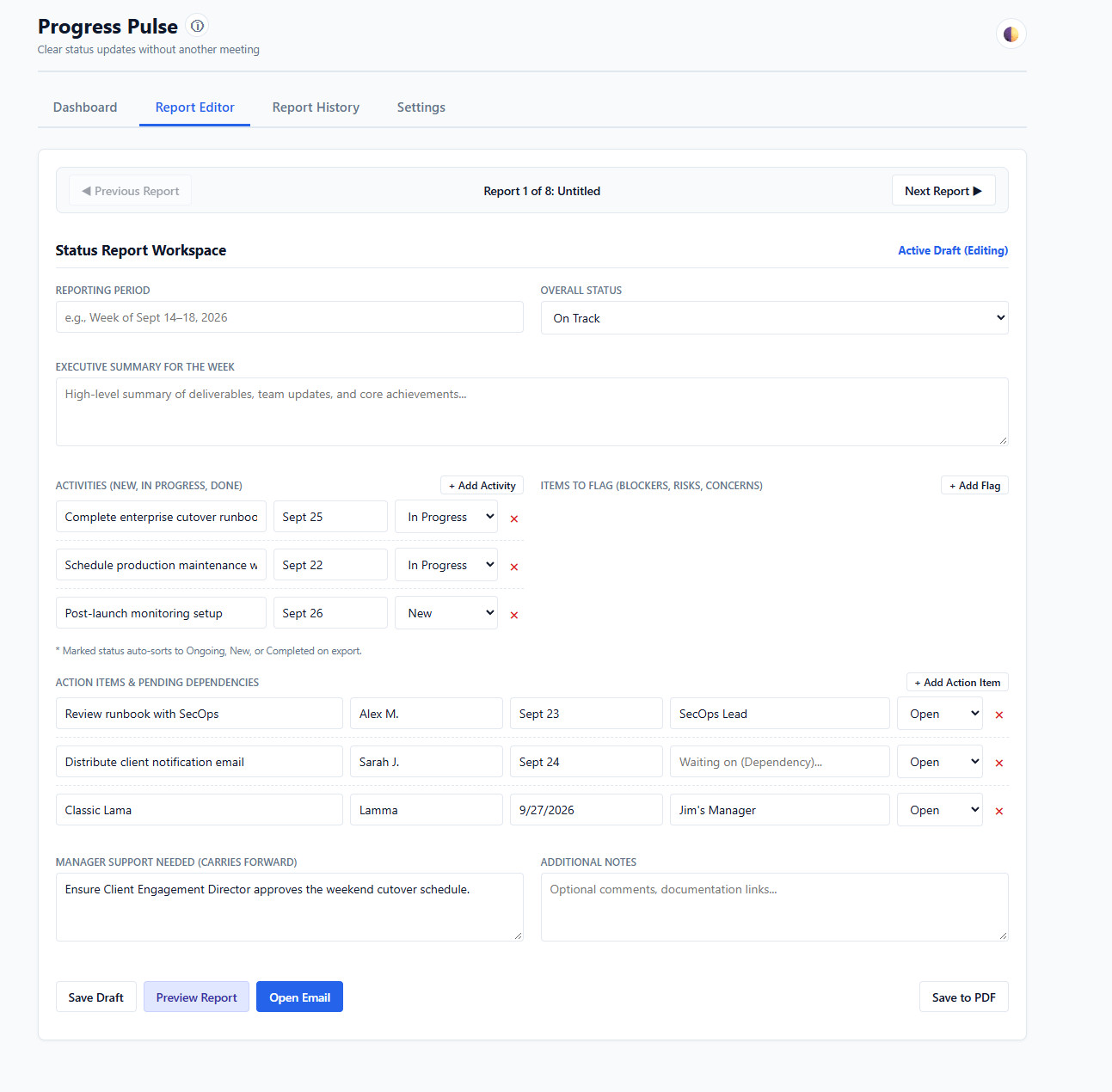 Progress Pulse status report editor workspace