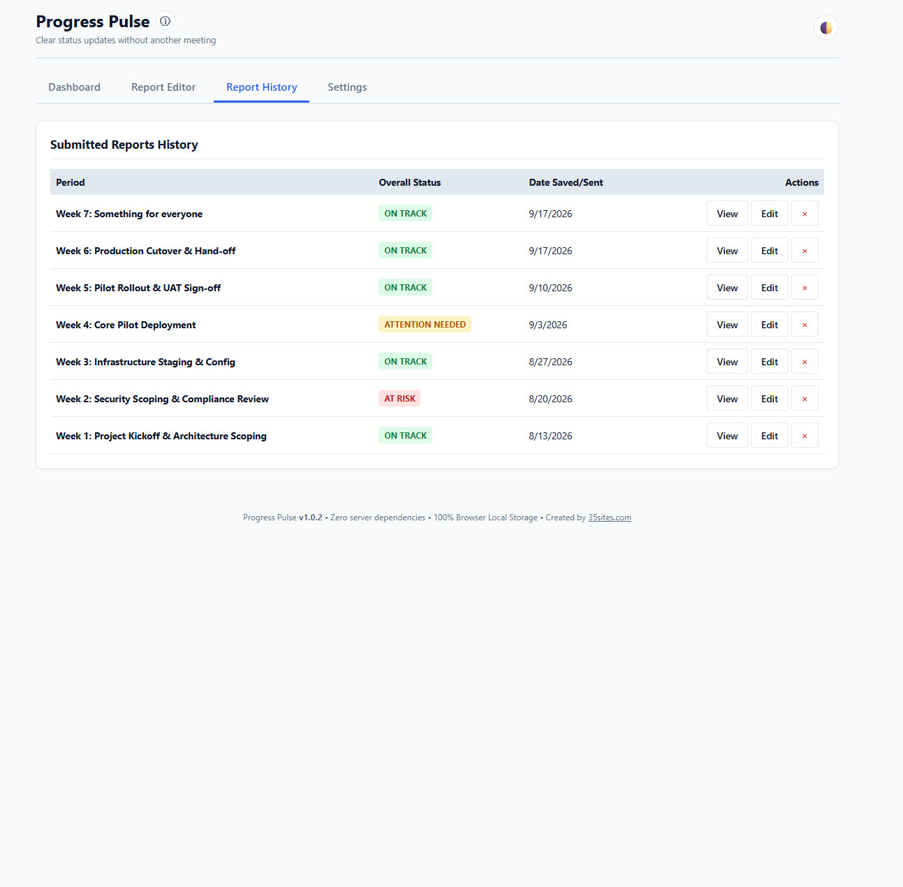 Progress Pulse report history and audit trail